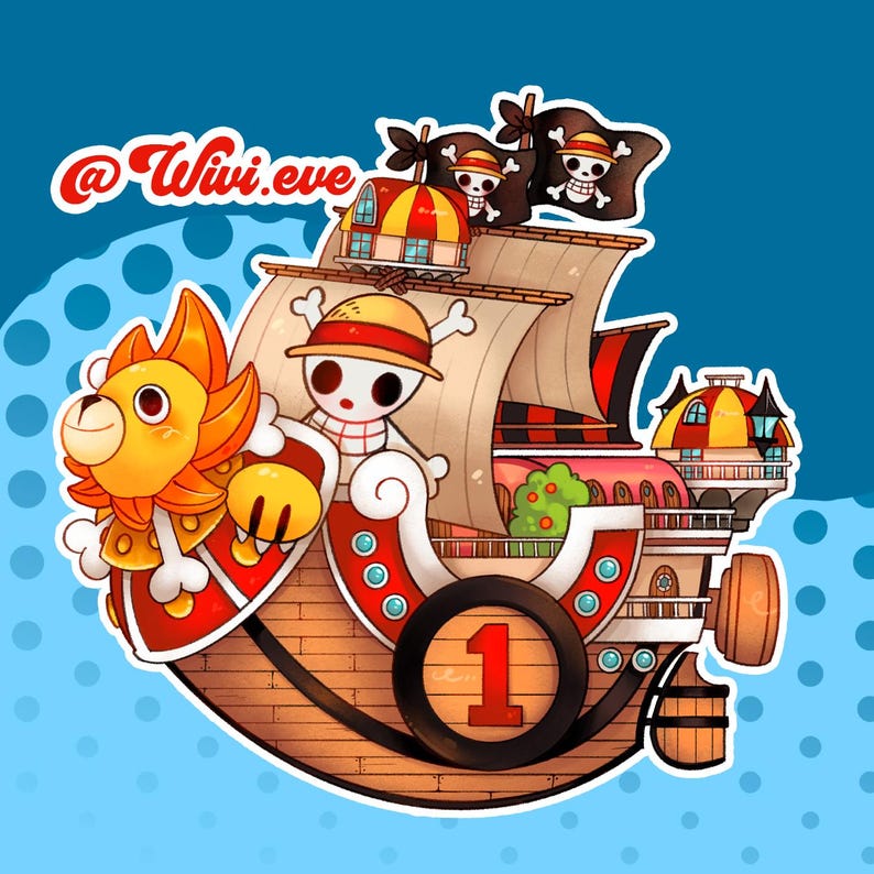 Op de afbeelding: Een cartoon illustratie van een piratenschip met een leeuwenfiguur en het nummer 1. Het schip heeft rode en bruine accenten, met een vlag met doodshoofd en botten. De tekst "@Wivi.eve" staat in de linkerbovenhoek, tegen een blauwe achtergrond.