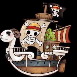 Op de afbeelding: Illustratie van een cartoon schip met een ramshoofd boegbeeld. Het schip heeft een bruine houten romp, zeilen met een doodshoofd en gekruiste beenderen ontwerp, en een zwarte vlag met een doodshoofd en gekruiste beenderen. Zwarte achtergrond.