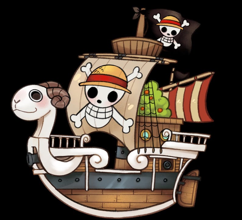 Op de afbeelding: Illustratie van een cartoon schip met een ramshoofd boegbeeld. Het schip heeft een bruine houten romp, zeilen met een doodshoofd en gekruiste beenderen ontwerp, en een zwarte vlag met een doodshoofd en gekruiste beenderen. Zwarte achtergrond.