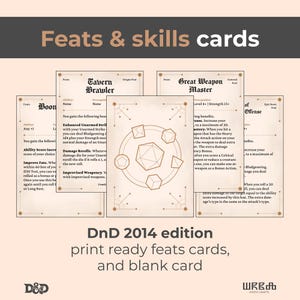 Może przedstawiać: Zestaw beżowych kart umiejętności Dungeons & Dragons z brązowym tekstem i ilustracjami. Karty zawierają różne umiejętności i mechaniki gry, w tym "Tavern Brawler" i "Great Weapon Master". Tekst "Feats & skills cards" znajduje się na górze.