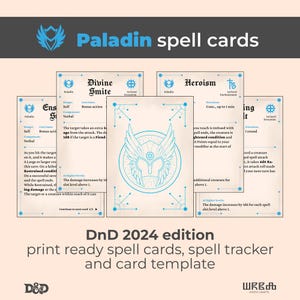 Puede incluir: Un conjunto de cartas de hechizos Paladín en azul y blanco. Las cartas muestran texto y gráficos, incluyendo las palabras "Divine Smite" y "Heroism". La imagen también incluye el texto "DnD 2024 edition" y "print ready spell cards, spell tracker".