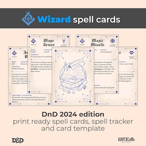 Puede incluir: Un conjunto de cartas de hechizos de mago con un diseño azul y blanco. Las cartas presentan hechizos como "Mage Armor" y "Magic Missile", con texto que describe los detalles de los hechizos. La frase "DnD 2024 edition" está impresa en la parte inferior.