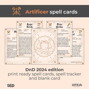 以下が含まれることがあります： 茶色と白のデザインのアーティフィサー呪文カード。カードには呪文の説明、呪文トラッカー、ブランクカードが含まれています。「DnD 2024 edition」のテキストと、D&DとMystic Craftsのロゴが表示されています。