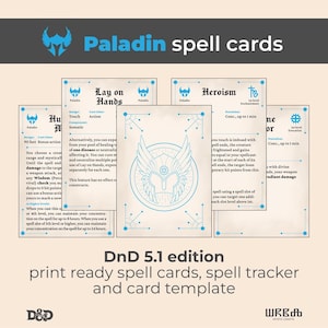 Può includere: Carte di incantesimi stampabili per la classe Paladino di Dungeons and Dragons 5.1 edizione. Le carte presentano illustrazioni blu e bianche di un elmo e ali di paladino. Le carte includono gli incantesimi Imposizione delle Mani, Eroismo e Favore Divino.