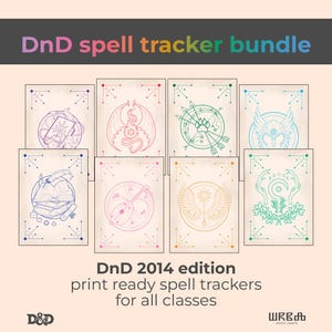 May include: A collection of DnD spell tracker cards featuring fantasy illustrations in purple, red, green, blue, and gold. The cards are labelled "DnD spell tracker bundle" and "DnD 2014 edition print ready spell trackers for all classes."