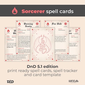 Cartas de hechizo de Hechicero DnD 2014 / Descargar cartas de hechizo de Hechicero DnD en PDF / Formulario rellenable de Hechicero DnD / Cartas de hechizo personalizadas de Hechicero DnD / Rastreador de hechizos de Hechicero DnD