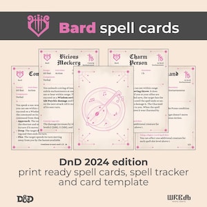 Pode incluir: Um conjunto de cartas de feitiços de Bardo com um design rosa e branco. As cartas apresentam feitiços como "Vicious Mockery" e "Charm Person". O texto "DnD 2024 edition" é impresso na parte inferior, indicando um tema de RPG.