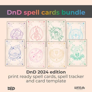 May include: A bundle of DnD spell cards with various fantasy-themed illustrations in purple, red, green, and gold. The cards feature images of a dragon, paw prints, wings, and other magical symbols. Text on the cards reads "DnD 2024 edition" and "print ready spell cards, spell tracker and card template."