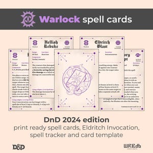 Könnte beinhalten: Eine Reihe von Warlock-Zauberkarten mit lila Akzenten. Die Karten zeigen Zauberbeschreibungen und Illustrationen. Der Text "Warlock spell cards" steht oben. Der untere Teil des Bildes lautet "DnD 2024 edition".