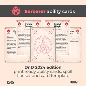 May include: A collection of Sorcerer ability cards with a red and white color scheme. The cards feature text and illustrations, including a dragon-like creature. The text includes "Innate Sorcery" and "Font of Magic". The cards are designed for a D&D 2024 edition.