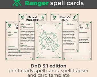 May include: Printable Dungeons and Dragons (D&D) 5.1 edition spell cards for the Ranger class. The cards feature green and white illustrations of a paw print surrounded by arrows, and text for the spells Animal Friendship, Hunter's Mark, and Hunter's  Atimutation.