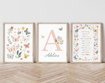Butterfly Nursery Art Prints: Floral Name Art, Set of 3 (Digital Download)