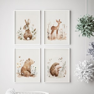 Stampe per la cameretta dei bambini con animali del bosco - Set di 4, orso, cerbiatto, riccio, coniglio, arte murale neutra per la cameretta dei bambini, set di poster con creature del bosco