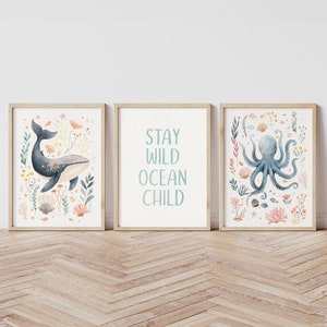 Under the Sea Nursery Prints, Set of 3 Ocean Wall Art Whale, Octopus, and Ocean Child Quote, Underwater Kids Room Decor Sea Life Nursery Art