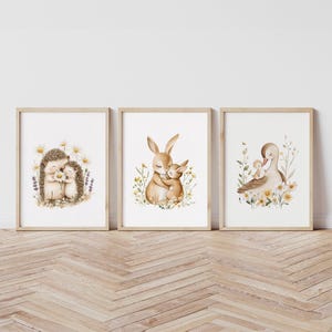 Mother & Baby Woodland Animals Prints | Set of 3 Forest Animal Digital Prints | Hedgehog, Bunny and Goose I Gender Neutral Nursery Posters