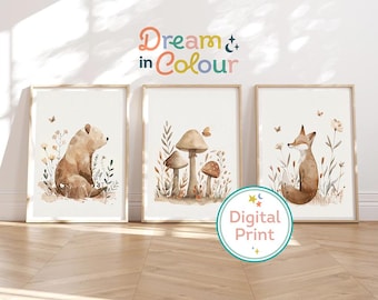Woodland Nursery Prints: Bear, Fox, Mushroom Art (Set of 3 Digital Prints)