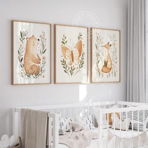 Woodland Nursery Prints,  Bear, Fox & Butterfly, Digital Wall Art, Set of 3, Gender Neutral Nursery Prints, Kids Room Decor, Forest Friends