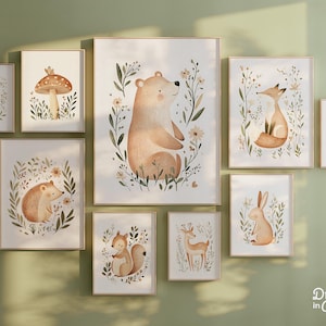 Woodland Creatures Nursery Prints, Forest Animal Wall Art Set of 12, Gender Neutral Nursery Decor, Digital Download, Woodland Baby Room Art