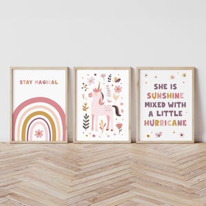 Unicorn Rainbow Nursery Prints: Floral Kids Room Decor (Set of 3) (Digital Download)