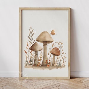 Digital download of a whimsical cluster of mushrooms with forest foliage, ideal for kids room or nursery wall art. Downloadable and printable woodland set of 3 prints.