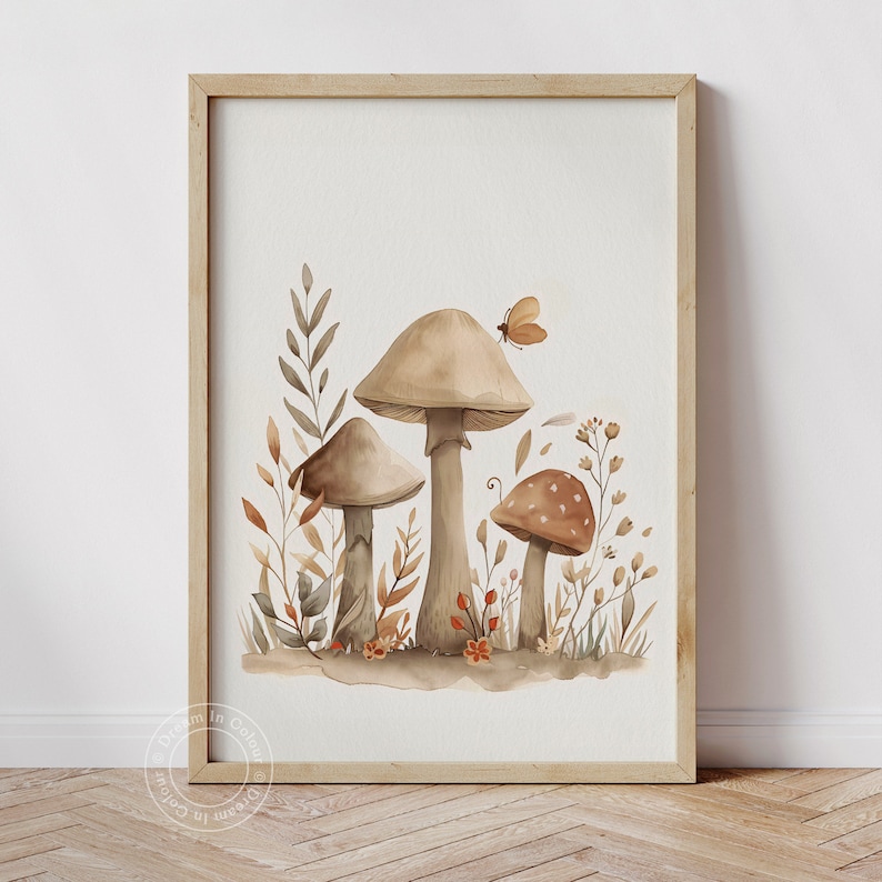 Digital download of a whimsical cluster of mushrooms with forest foliage, ideal for kids room or nursery wall art. Downloadable and printable woodland set of 3 prints.
