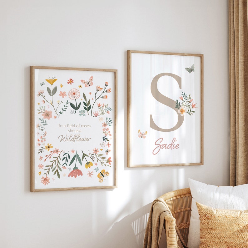 Floral Initial Nursery Prints: Boho Wildflower Girls Room Decor (set of ...