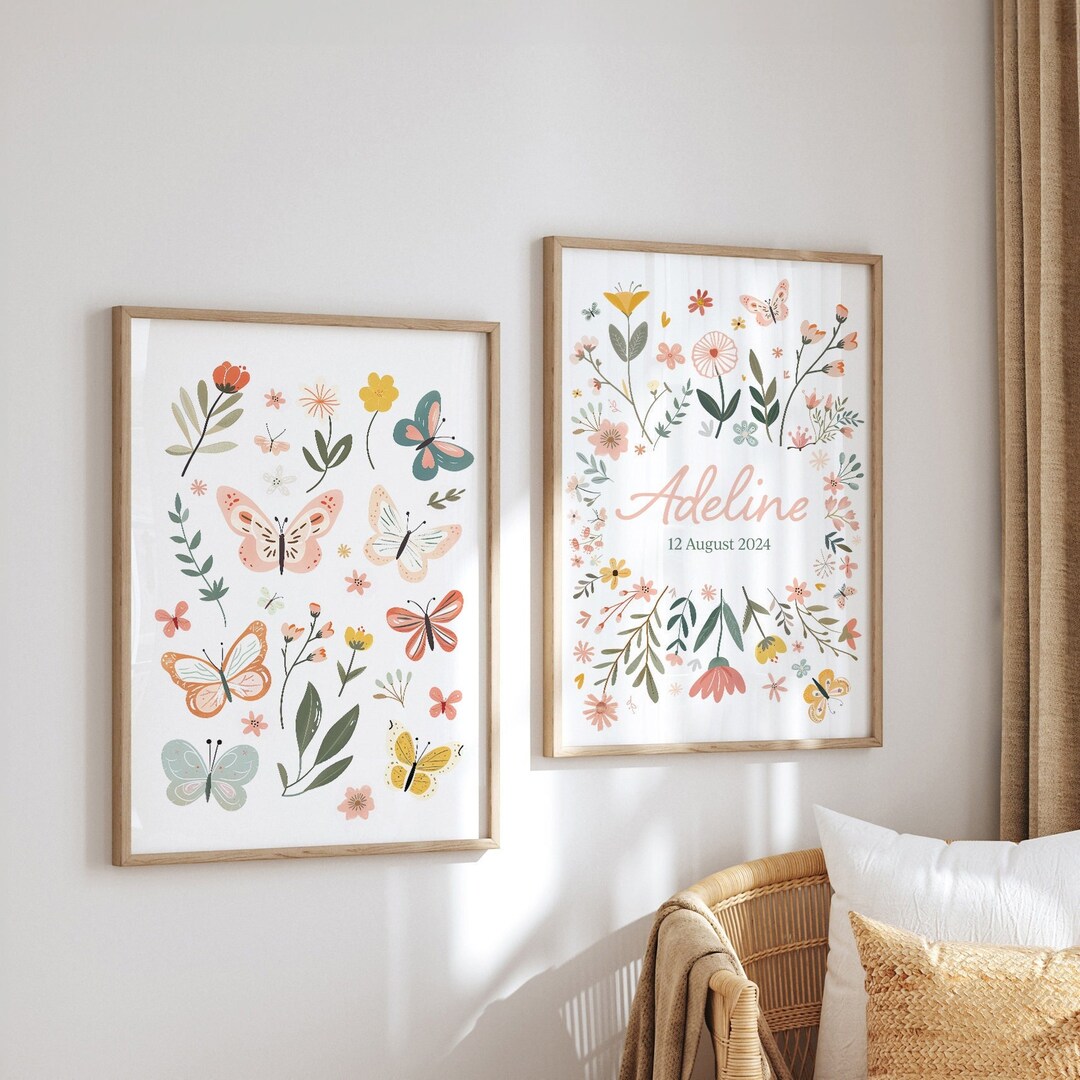 Personalized Butterfly Nursery Print Set: Floral Baby Girl Room Wall ...