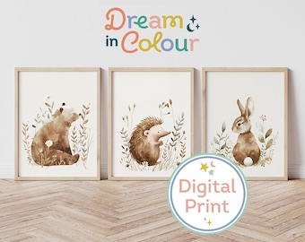 Woodland Nursery Prints: Bear, Bunny, Hedgehog Art (Digital Download Set of 3)
