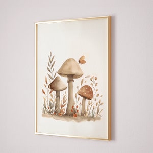 Digital download of a whimsical cluster of mushrooms with forest foliage, ideal for kids room or nursery wall art. Downloadable and printable woodland set of 3 prints.