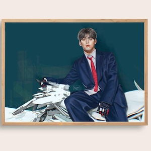 May include: A man in a dark blue suit and red tie sits on a white futuristic motorcycle. The background is a dark teal color.