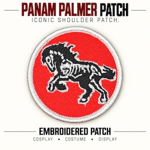 May include: A circular embroidered patch featuring a red background with a black and white skeletal horse graphic. The text PANAM PALMER PATCH ICONIC SHOULDER PATCH EMBROIDERED PATCH COSPLAY COSTUME DISPLAY is visible in the image.