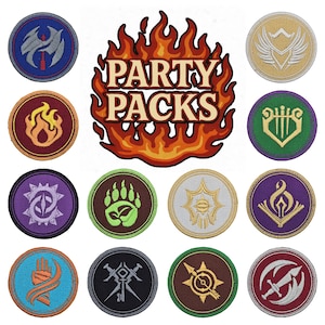 May include: A set of 12 embroidered patches featuring various fantasy symbols and designs. The patches are circular and have a variety of colours, including purple, green, blue, red, and gold. The patches are arranged in a circle around a larger patch that says "PARTY PACKS" in a stylised font with flames behind the text.