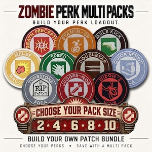 May include: A collection of circular embroidered patches featuring various gaming perk icons, including Death Perception, Stamin-Up, Mule Kick, Melee, Speed, Doubletap, Quick Revive, Tombstone, Jugger-Nog, and Widow's Wine. Text includes ZOMBIE PERK MULTI PACKS.