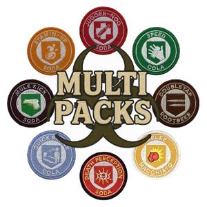 May include: Nine circular embroidered patches with different colors and designs. Each patch has a name and a drink type written on it. The patches are arranged in a circle around the words "MULTI PACKS".