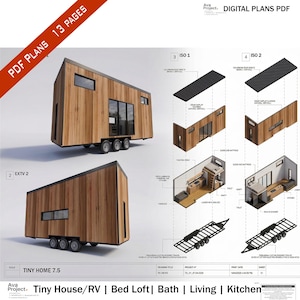Puede incluir: Planos PDF digitales para una casa pequeña/RV, con un exterior de madera y varios diagramas. Los planos incluyen detalles para el altillo de la cama, el baño, la sala de estar y la cocina. El texto "PDF PLANS 13 PAGES" es visible.