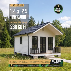 Peut inclure: Un pack de conception numérique pour une mini-cabine de 12 x 24, soit 288 pieds carrés. La cabine présente un bardage horizontal blanc, un toit en métal noir, des cadres de fenêtres noirs et un petit porche avec une balustrade noire.
