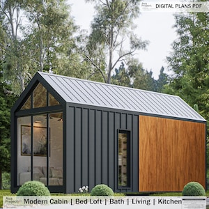 32 ft Moderne Cabochon Haus Pläne PDF | Tiny Home mit Loft | 2 Schlafzimmer Minimalistisches Design