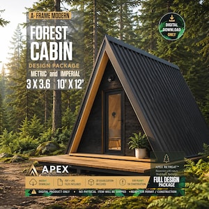 Op de afbeelding: Een digitaal ontwerppakket voor een moderne A-frame boshut. De afbeelding toont een hut met een donker dak, een houten terras, een glazen deur en tekst waaronder A-FRAME MODERN FOREST CABIN DESIGN PACKAGE 3 X 3.6 10' X 12' en APEX.