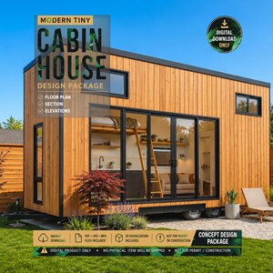 Modern Cabin Plans | 1 Bed Small House Design, Tiny Home Floor Plan Concept