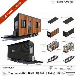Puede incluir: Planos PDF digitales para una casa pequeña, con un diseño moderno con madera y revestimiento negro. Los planos incluyen diagramas detallados del interior de la casa, incluyendo el altillo, la cocina y las zonas de estar. El texto de la imagen dice "PDF PLANS 9 PAGES" y "TINY HOME 6.0".