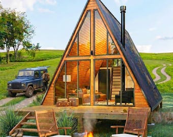 Modern A-Frame Cabin Plans: Small House Design, 384 Sq Ft | Full Tiny Home Plan