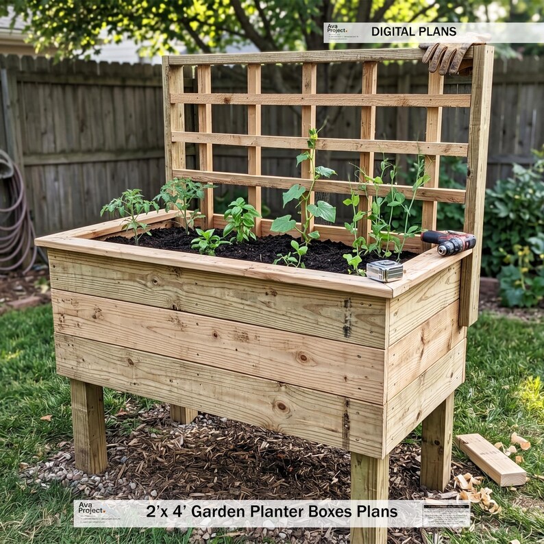 2x4 Garden Planter Plans With Trellis, DIY Panter Box, Elevated ...