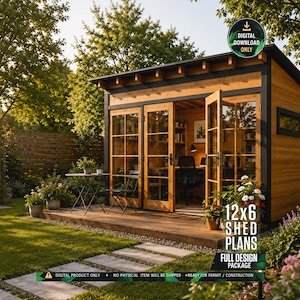 May include: A wooden shed with a flat roof, black trim, and glass-paned double doors. The structure features horizontal wood siding and a small rectangular window. Text on the image reads 12x6 SHED PLANS FULL DESIGN PACKAGE and DIGITAL DOWNLOAD ONLY.