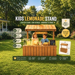 May include: A wooden lemonade stand with a roof, featuring a sign that reads LEMONADE. The stand includes a glass beverage dispenser, a basket of lemons, and a chalkboard sign reading FRESH LEMONADE 50 cents. A diagram shows dimensions of 122 cm by 122 cm by 46 cm.