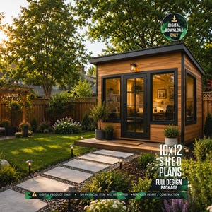 May include: A digital download package for 10x12 shed plans featuring a modern wooden structure with black-framed windows and a glass door. The design includes a flat roof, exterior lighting, and a wooden deck, presented as a full construction guide.