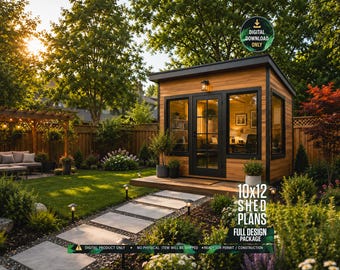May include: A digital download package for 10x12 shed plans featuring a modern wooden structure with black-framed windows and a glass door. The design includes a flat roof, exterior lighting, and a wooden deck, presented as a full construction guide.