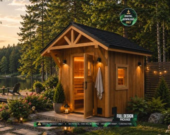 8x8 Modern Cedar Sauna Plans, DIY Backyard Spa Shed Blueprint (Digital Download), Build Guide