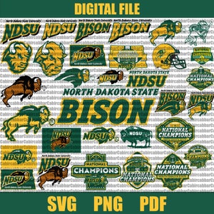 Puede incluir: Un archivo digital descargable de varios logotipos y diseños con la mascota de los Bison de la Universidad Estatal de Dakota del Norte. Los logotipos incluyen el nombre de la escuela, la mascota, y las palabras "Bison" y "Campeones Nacionales". Los diseños son en verde, amarillo y negro.
