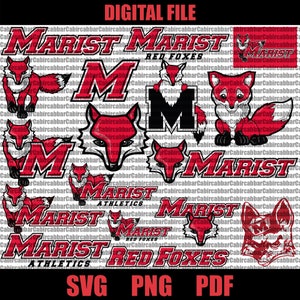 May include: A digital file download of a red and black Marist College logo with the words "Marist Red Foxes" and "Athletics" in white. The logo features a red fox and the letter "M" in a stylized font.