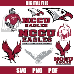 May include: A digital file set of vector graphics featuring the North Carolina Central University Eagles logo. The set includes a red and black eagle mascot, a red and black eagle head, a red and black eagle with wings spread, a gray and black eagle head, a gray and black eagle with wings spread, and a red and black eagle mascot with a cape. The text "NCCU EAGLES" is also included in the set.